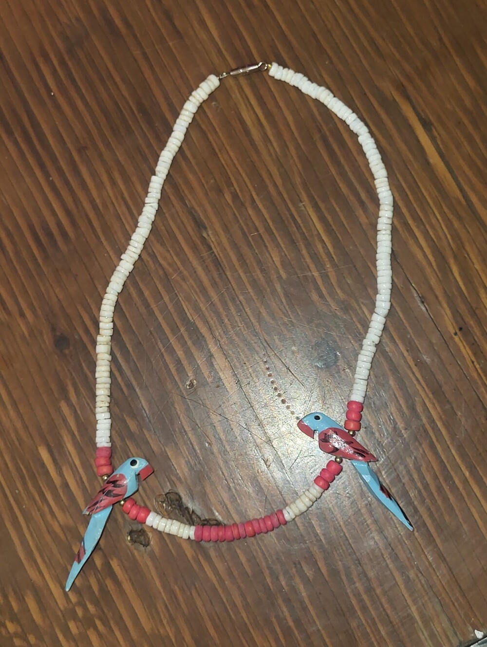 Vintage 1970s Hand-Painted Wooden Parrot & White Heishi Shell Bead Necklace
